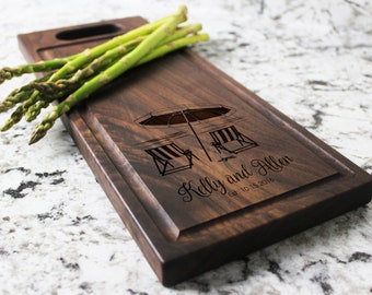 Personalized, Engraved Cheese Board with Beach Destination Design for Retirement or Wedding #051
