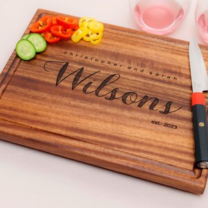 Personalized, Engraved Cutting Board with Minimalist Family Name Design for Housewarming or Wedding Gift 081 image 3