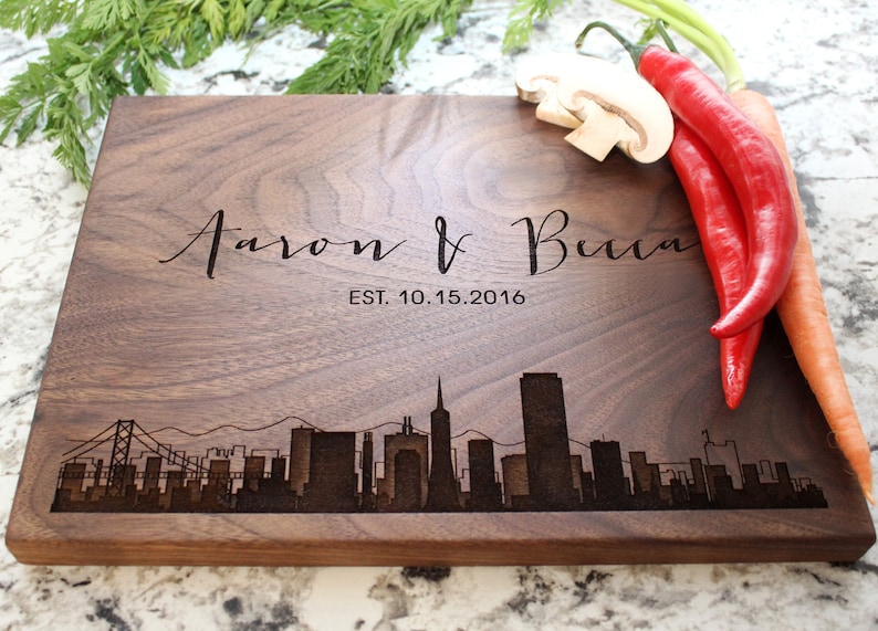 Personalized, Engraved Cutting Board with Modern City Skyline Design for Housewarming or Wedding Gift #050 