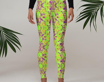 80s Retro Leggings: Neon Green Purple Orange Print, Yoga Tights