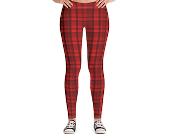 Women's Plaid Leggings, Red, Black, Christmas, Tartan, Yoga Pants, 90s, Vintage, Farmer