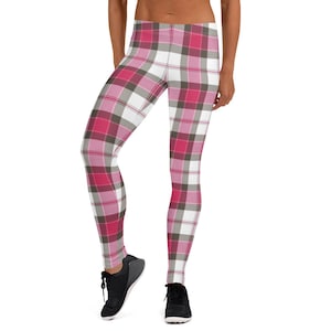 Women&#39;s Plaid Leggings, 90s, Vintage, Tartan, Grunge, Plaid, Pink and Gray, Yoga Pants, Active, Athletic