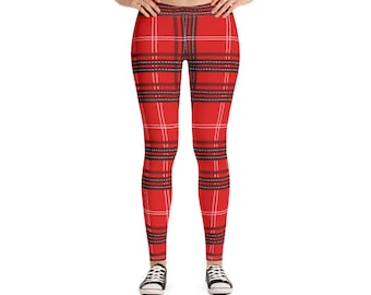 Red Tartan Plaid Leggings: 90s Vintage Style Yoga Pants