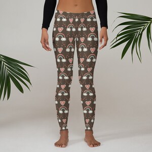 Women&#39;s Boho Leggings, Rainbow, Heart, Brown, Pink, Athletic, Yoga Pants, Active