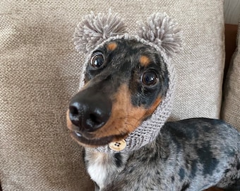 Cosy handknit bobble hat for dachshunds, dogs and puppies