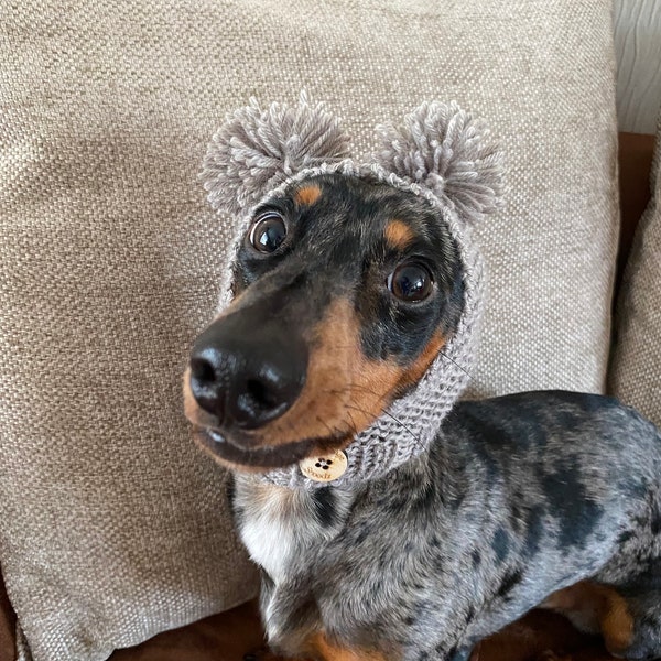Cosy handknit bobble hat for dachshunds, dogs and puppies