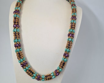 Sweet necklace-Beading tutorial- 2 hole diamonduo bead ,firepolish bead, seed beads-Beaded Necklace Tutorial PDF