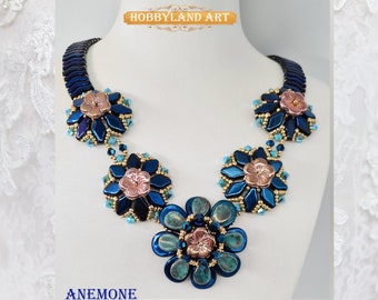Anemone Necklace-Kit&Tutorial-seed bead,Anemone Petal Beads,Flower Cup ,Bicone crystal,Bridge bead,Navette bead-Beading Pattern Tutorial PDF