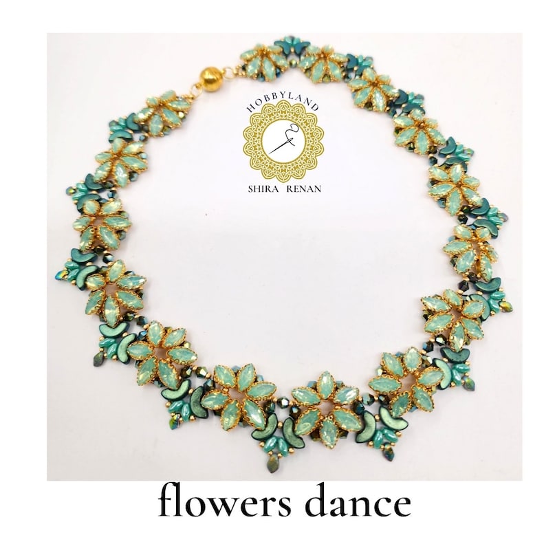 flowers dance-Beading Kit& PDF Tutorial Beading-Seed beads,Arcos ,superDuo ,gekko ,bicone ,crystal Navettes Czech-necklace kit-shira renan green opal