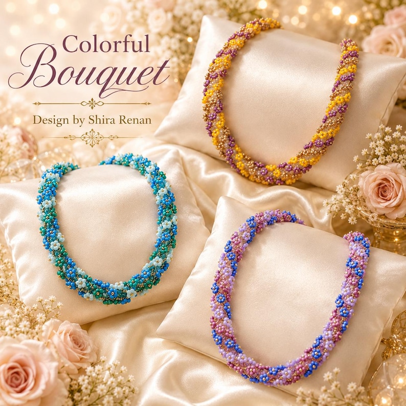 May include: Three beaded necklaces in shades of blue, purple, and yellow, resting on satin pillows. The necklaces are intricately designed with small beads. The image includes the text "Colorful Bouquet" and "Design by Shira Renan".