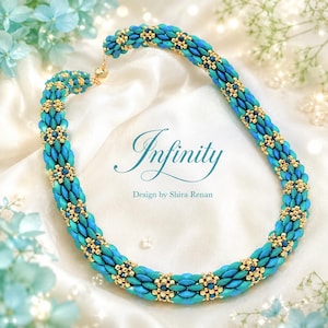May include: A turquoise and gold beaded necklace with the word "Infinity" in cursive script. The necklace is made of small, turquoise beads with gold accents and dark blue beads. The design is by Shira Renan.