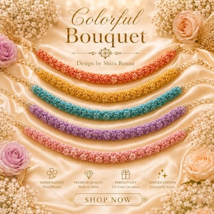 May include: A display of colorful beaded necklaces in shades of orange, yellow, turquoise, purple, and pink. Each necklace is connected to a gold chain. The image includes the text "Colorful Bouquet" and "Shop Now".