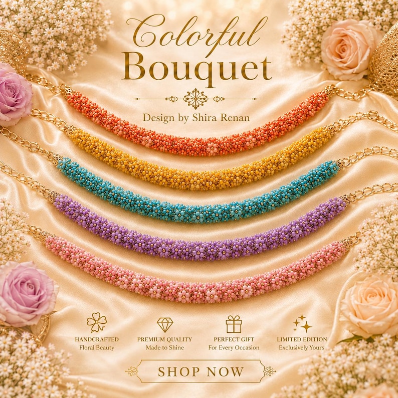 May include: A display of colorful beaded necklaces in shades of orange, yellow, turquoise, purple, and pink. Each necklace is connected to a gold chain. The image includes the text "Colorful Bouquet" and "Shop Now".