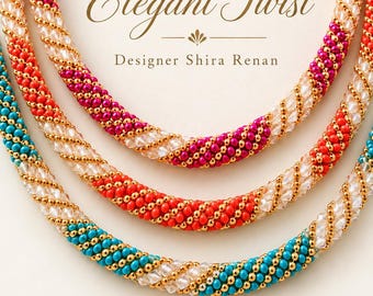 May include: Three layered necklaces featuring a spiral pattern of small gold beads, clear crystals, and vibrant turquoise, coral, and magenta beads. The text Elegant Twist and Designer Shira Renan is printed in the center of the jewelry display.
