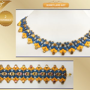 May include: A blue and gold beaded necklace and bracelet set. The necklace and bracelet feature a repeating pattern of heart-shaped beads. The set is available with two tutorials.