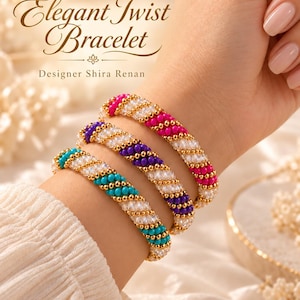 May include: Three beaded bracelets featuring a twisted design of clear crystals, gold-tone beads, and vibrant colored beads in magenta, purple, and turquoise. The text Elegant Twist Bracelet Designer Shira Renan is visible.