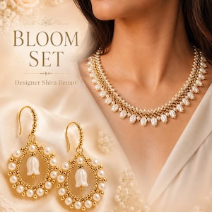 Bloom Necklace & Earrings Bundle - 2 Beading Tutorials PDF - Seed Bead,Glass Pearl,Mini Tulip Bead,Czech Bead - Shira Renan