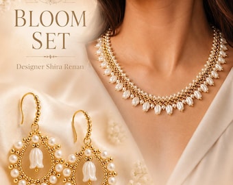 Set collana e orecchini Bloom - 2 tutorial di perline in PDF - Perline di vetro, perle di vetro, mini perline a tulipano, perline ceche - Shira Renan