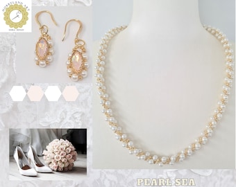 Pearl sea Necklace Earrings bracelet-Beading tutorial-Seed bead,Pearl bead,Navette Marquise -Czech gold set-Beading Pattern Tutorial PDF