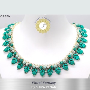 May include: A green beaded necklace with a floral design. The necklace is made with small, faceted beads in shades of green, white, and gold. The necklace is called "Floral Fantasy" by SHIRA RENAN.