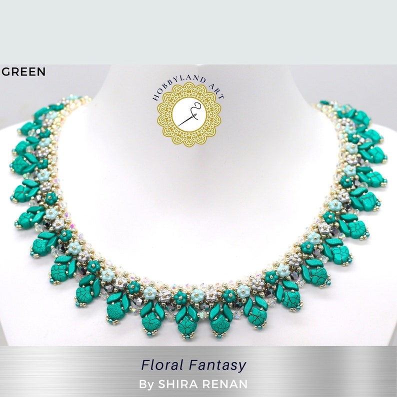 May include: A green beaded necklace with a floral design. The necklace is made with small, faceted beads in shades of green, white, and gold. The necklace is called "Floral Fantasy" by SHIRA RENAN.