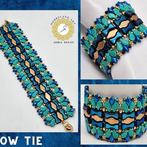 Könnte beinhalten: Ein blaues und goldenes Perlenarmband mit einem "Fliege"-Design. Das Armband besteht aus kleinen, facettierten Perlen in Blautönen und Türkis mit goldenen Akzenten. Das Armband wird in drei verschiedenen Winkeln gezeigt.