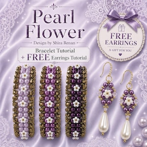 May include: A digital tutorial titled Pearl Flower by Shira Renan featuring three beaded bracelets in light purple, medium purple, and dark purple with white flower accents, plus a pair of matching drop earrings with white pearl teardrops.