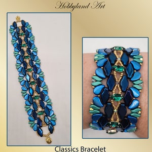 Può includere: Un braccialetto di perline blu e verdi con dettagli dorati. Il braccialetto è realizzato con una varietà di perline diverse, tra cui perline a forma di lacrima, perline rotonde e perline quadrate. Il braccialetto è progettato in uno schema geometrico.