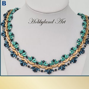 May include: A multi-strand necklace with gold, teal, and dark blue beads. The necklace is arranged in a wave pattern with a floral design. The text "Hobbyland Art" is visible in the background.