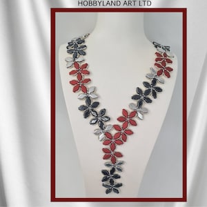 May include: A red, black, and silver beaded necklace with a flower design. The necklace is on a white mannequin bust. The text "HOBBYLAND ART LTD" is in the top right corner of the image. The text "FLOWER VALLEY" is in the left side of the image.