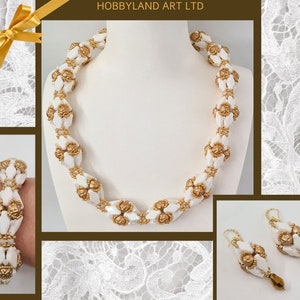 May include: A white and gold beaded necklace, bracelet, and earrings set. The necklace is long and features a twisted design. The bracelet is shorter and has the same twisted design. The earrings are small and dangle. The set is made by Hobbyland Art LTD.