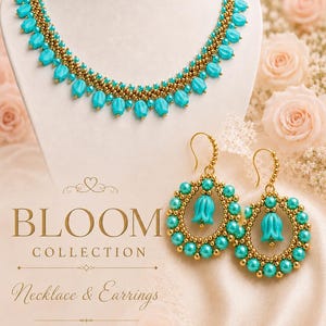 Bloom Necklace & Earrings Bundle - 2 Beading Tutorials PDF - Seed Bead,Glass Pearl,Mini Tulip Bead,Czech Bead - Shira Renan