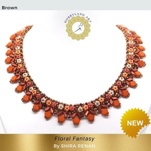 May include: A beaded necklace with a floral design in shades of orange, brown, and white. The necklace is made with small seed beads and larger, round beads. The necklace is called "Floral Fantasy" and is by "SHIRA RENAN".
