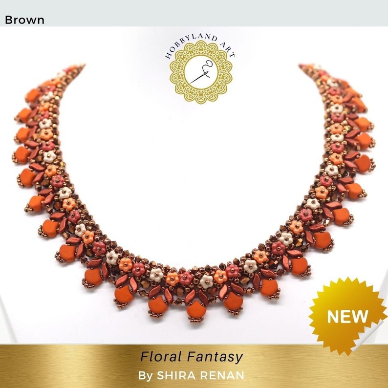 May include: A beaded necklace with a floral design in shades of orange, brown, and white. The necklace is made with small seed beads and larger, round beads. The necklace is called "Floral Fantasy" and is by "SHIRA RENAN".
