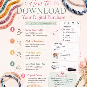 May include: A guide on how to download digital purchases from Etsy, featuring colorful beaded jewelry. The image includes step-by-step instructions with numbered icons and text, along with a thank you message and social media links.