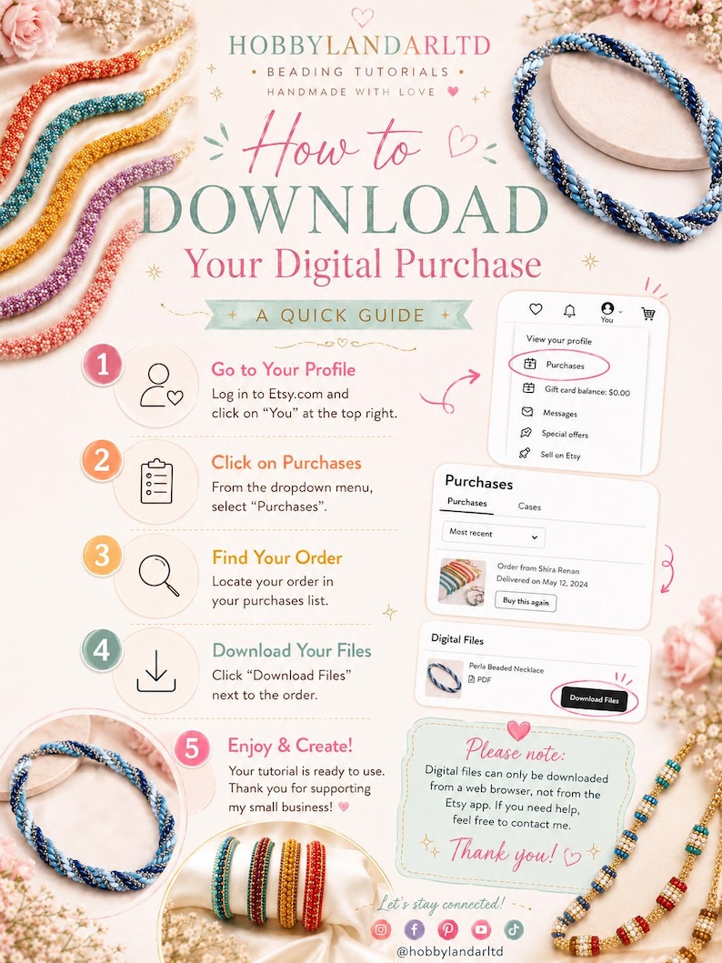 May include: A guide on how to download digital purchases from Etsy, featuring colorful beaded jewelry. The image includes step-by-step instructions with numbered icons and text, along with a thank you message and social media links.