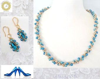 Pearl sea Necklace Earrings bracelet-Beading tutorial-Seed bead,Pearl bead,Navette Marquise -Czech gold set-Beading Pattern Tutorial PDF