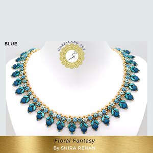 May include: A blue, teal, and gold beaded necklace with a floral design. The necklace is called "Floral Fantasy" by SHIRA RENAN.