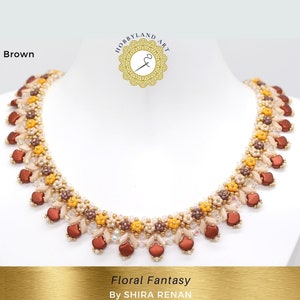 May include: A brown, beige, and yellow beaded necklace with a floral design. The necklace is called "Floral Fantasy" by Shira Renan.