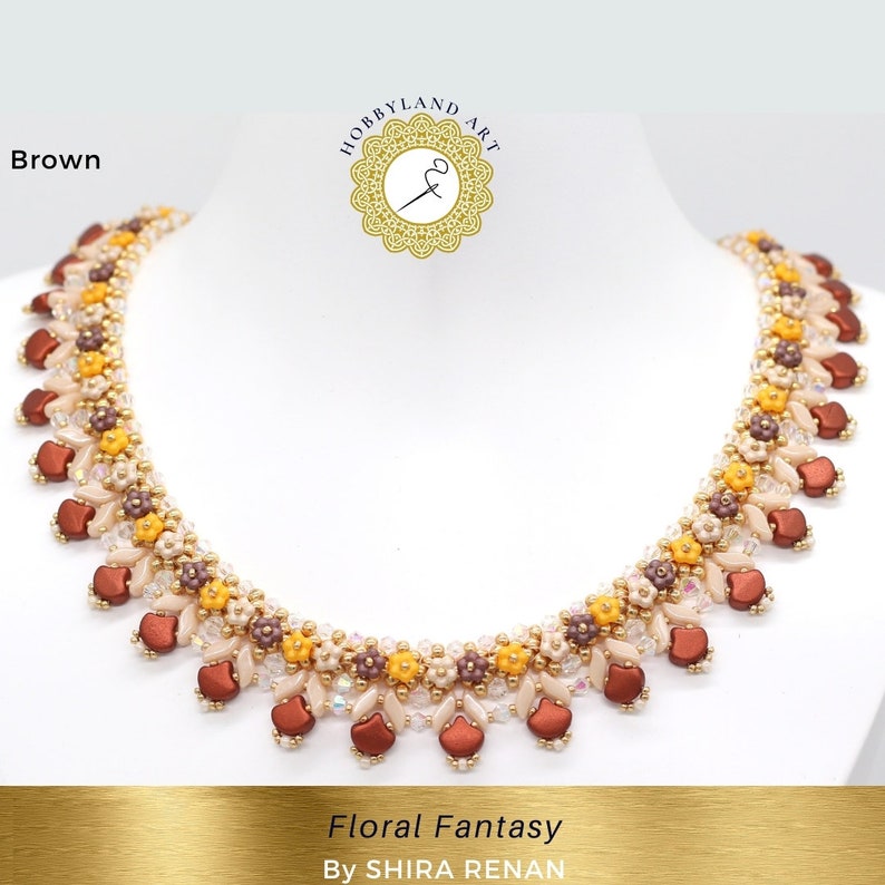 May include: A brown, beige, and yellow beaded necklace with a floral design. The necklace is called "Floral Fantasy" by Shira Renan.