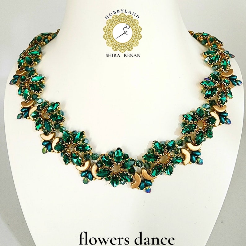 flowers dance-Beading Kit& PDF Tutorial Beading-Seed beads,Arcos ,superDuo ,gekko ,bicone ,crystal Navettes Czech-necklace kit-shira renan Green