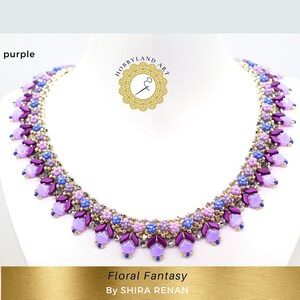 May include: A purple, blue, and white beaded necklace with a floral design. The necklace is made with small beads and has a delicate, feminine look. The necklace is called "Floral Fantasy" and is by Shira Renan.