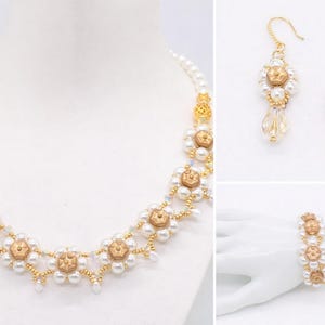 Tutorial de abalorios en PDF (3 archivos): collar, pendientes y pulsera de Pearl Garden. Cuentas de semillas, perlas, gekko y cuentas Rondelle vintage. Patrón de abalorios.