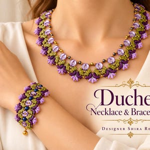 May include: A beaded necklace and bracelet set featuring purple, lavender, and olive green petal-shaped beads with small metallic gold accents. The text Duchess Necklace & Bracelet Set Designer Shira Renan is printed in dark purple on the right side.