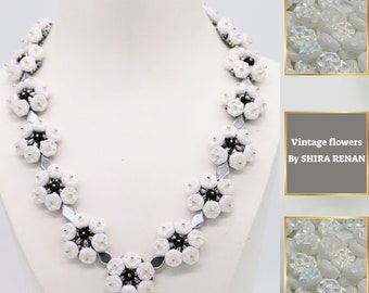Beading tutorial "Vintage flowers necklace" Seed bead,Vintage Rondelle Bead,Superduo,Flower bead,Navette bead,Bicone Beads.PDF Tutorial