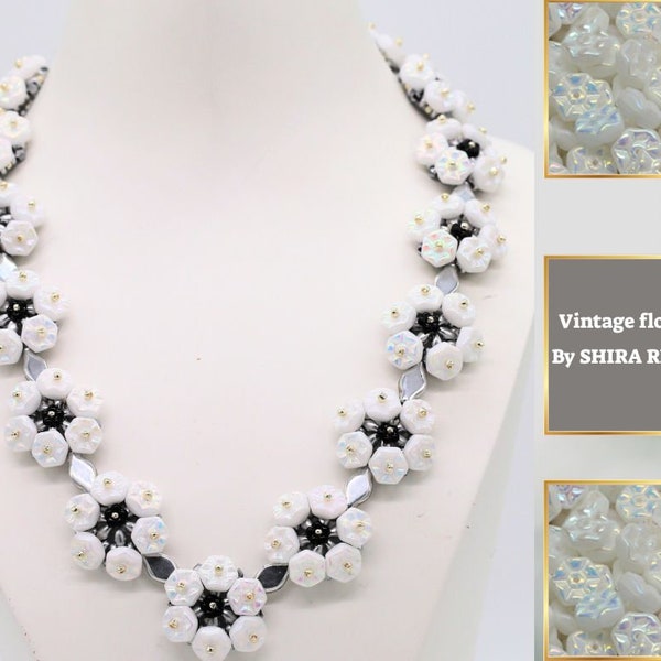 Beading tutorial "Vintage flowers necklace" Seed bead,Vintage Rondelle Bead,Superduo,Flower bead,Navette bead,Bicone Beads.PDF Tutorial