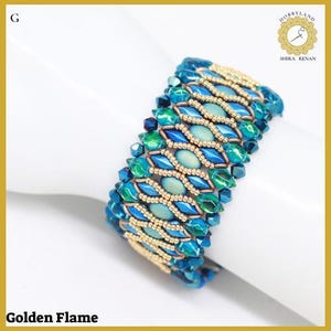 May include: A blue and green beaded bracelet with gold accents. The bracelet is made with small, faceted beads and has a geometric pattern. The bracelet is called "Golden Flame".