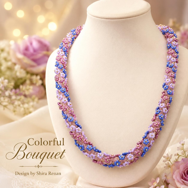 May include: A beaded necklace with a floral design. The necklace is displayed on a white mannequin. The necklace features small, colorful beads in shades of pink, purple, and blue. The text "Colorful Bouquet" is visible.