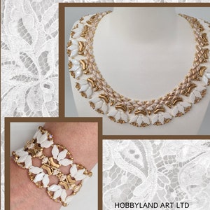 May include: A white and gold beaded necklace and bracelet set with a delicate floral design. The jewelry is made with small, faceted beads and has a subtle shimmer. The set is labeled "LILAC" and "HOBBYLAND ART LTD".