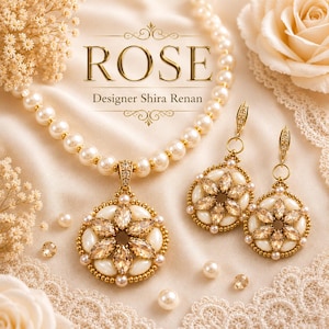 May include: A jewellery set featuring a pearl necklace with a circular pendant and matching drop earrings. The pendant and earrings showcase a floral design with champagne-coloured marquise crystals and white beads. Text reads ROSE Designer Shira Renan.